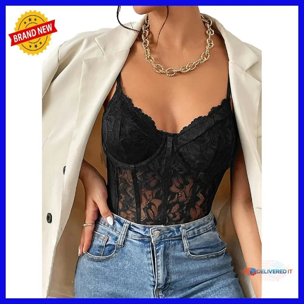 Sheer Mesh Lace Bustier Bodysuit Slim Fit Shapewear Sleeveless